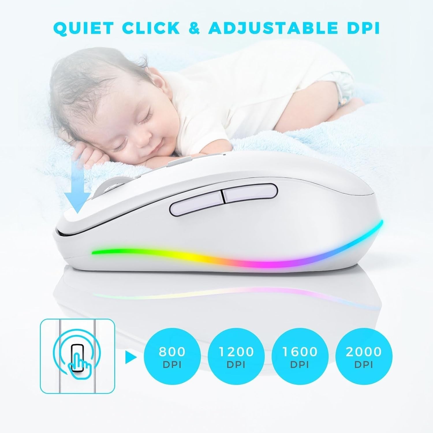 White RGB Wireless Mouse Rechargeable Silent USB Jiggler Mode