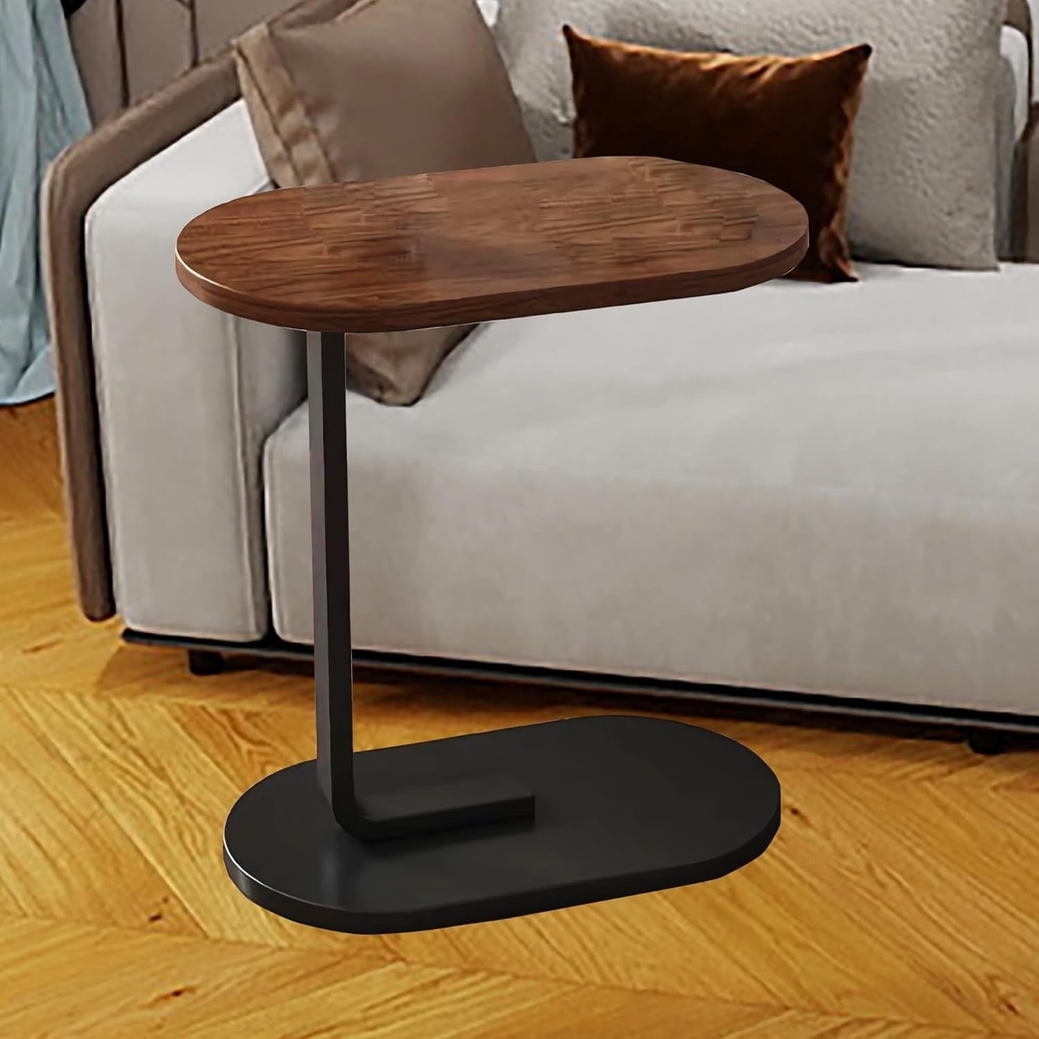 C-Shaped Side Table for Sofa or Bed, Adjustable Legs, 45x28x61cm Brown