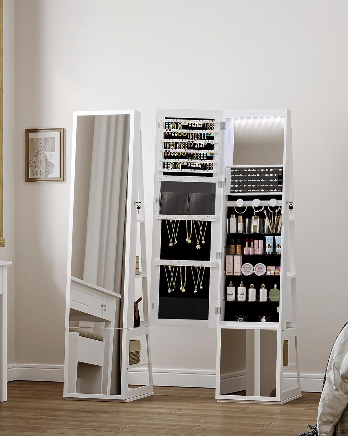 360° Rotating Mirror Jewelry Cabinet Lockable Full Length Storage