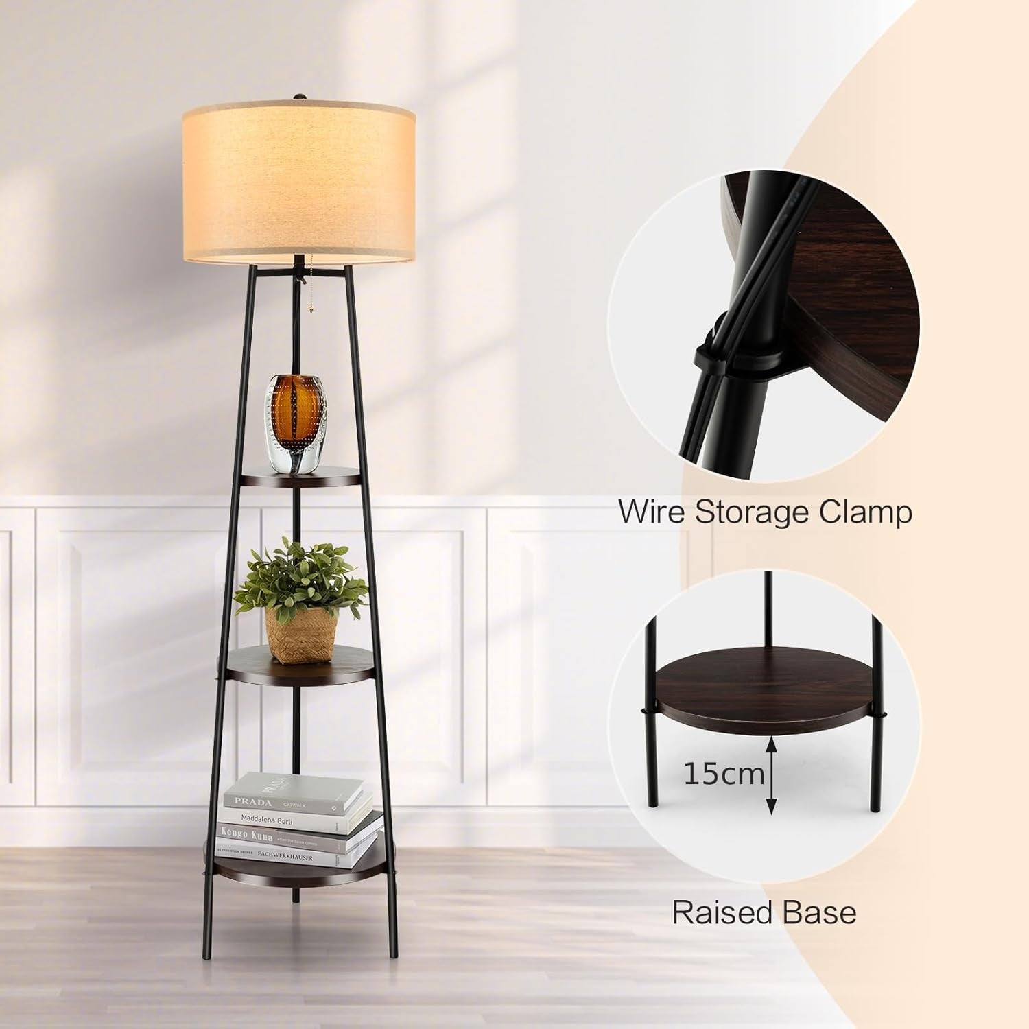 Tripod Floor Lamp with Shelves Storage Standing Lamp Fabric Shade E27