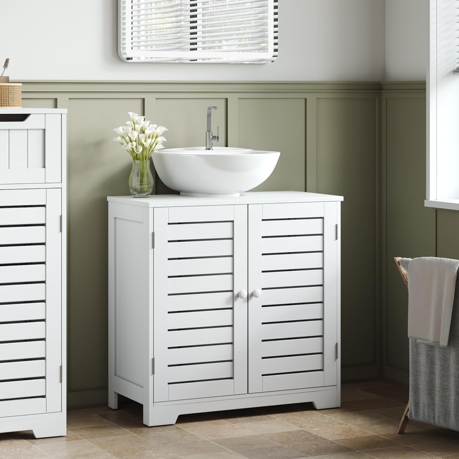 White Under Sink Bathroom Cabinet 2 Door Storage Unit Modern Slim 60x30cm