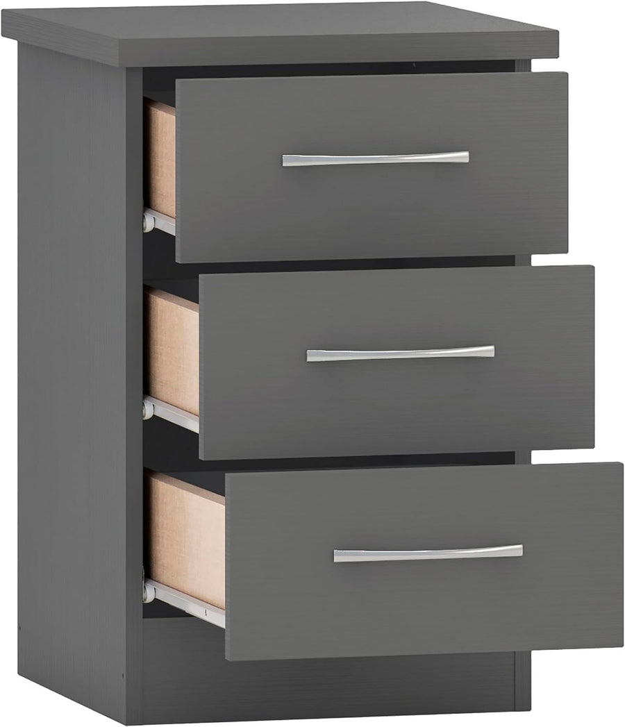 Grey 3 Drawer Bedside Table – Modern Nightstand with 3D Effect Finish