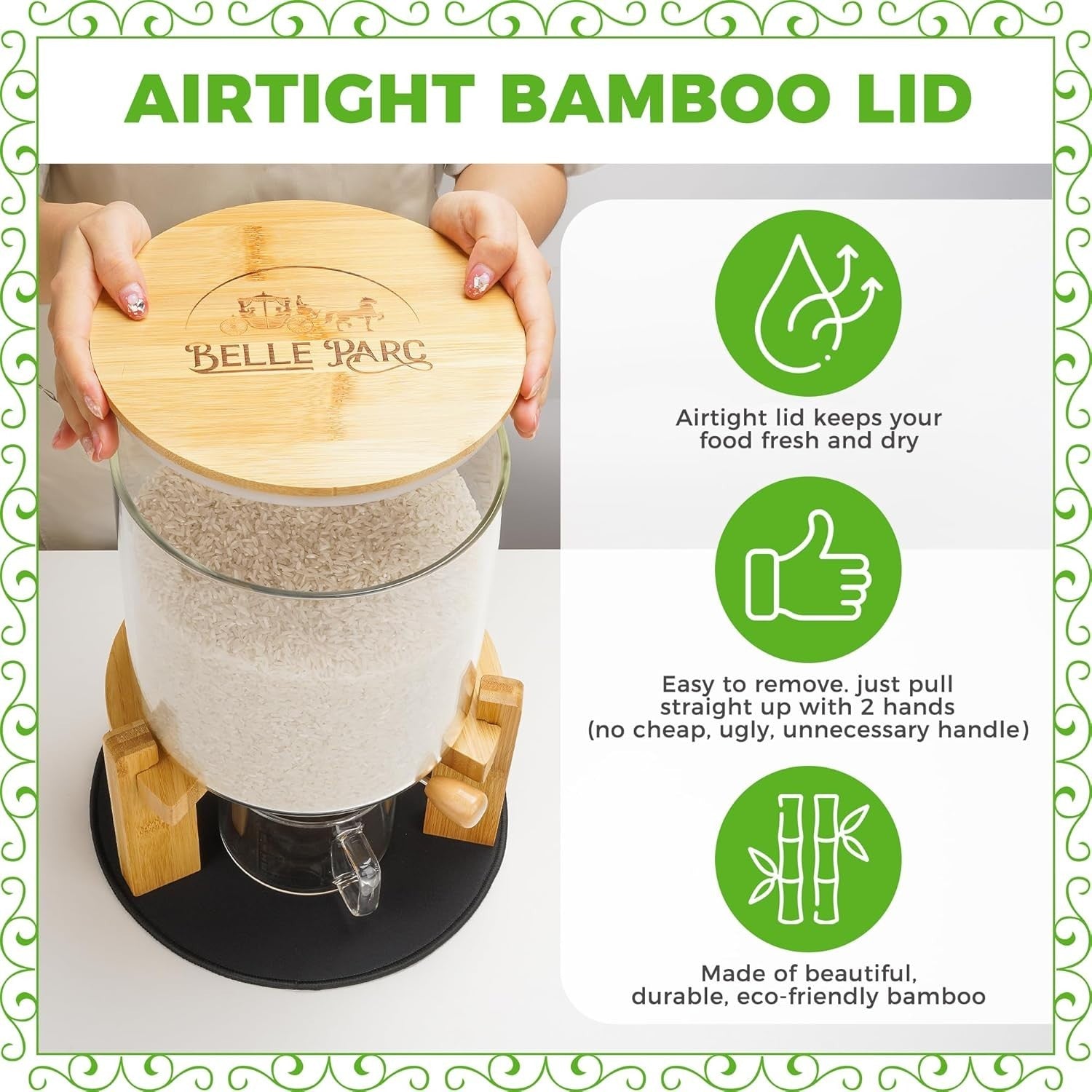 5L Glass Rice Dispenser Airtight Bamboo Lid w Cup