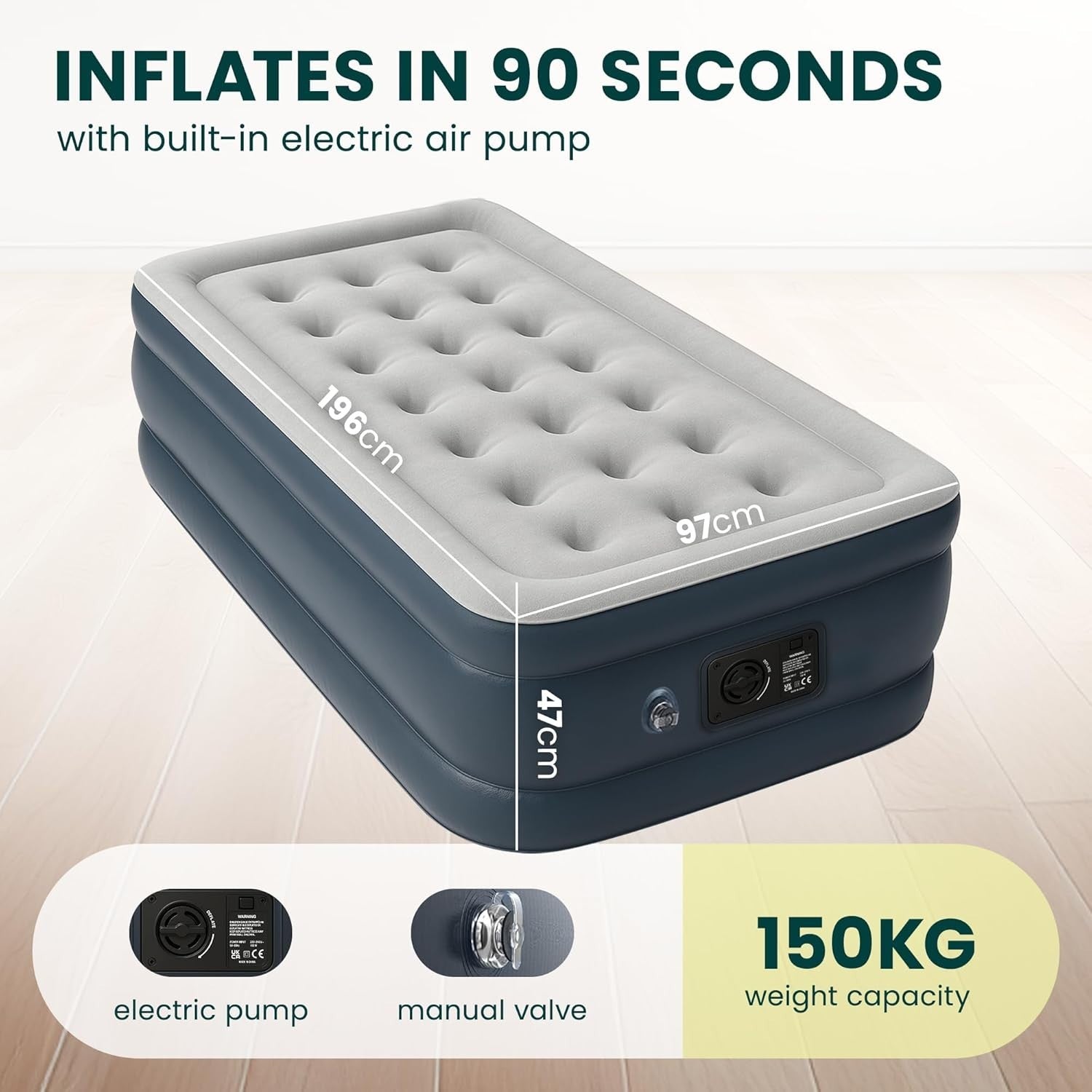 Single Air Bed Built In Electric Pump Raised Inflatable Black Mattress Camping