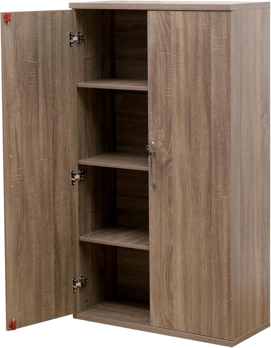 Tall Dark Oak Office Storage Cabinet Lockable 2 Door Cupboard 3 Shelves