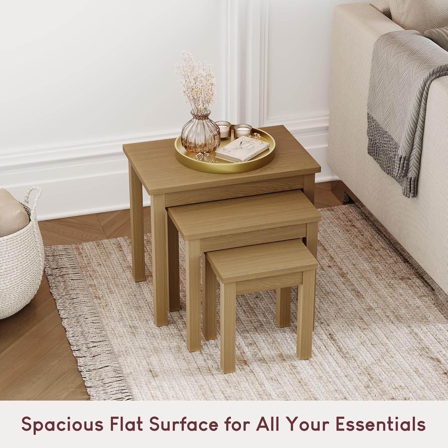 Space Saving Nesting Side Table Set Oak Wood Veneer Brown Square (Max 77)