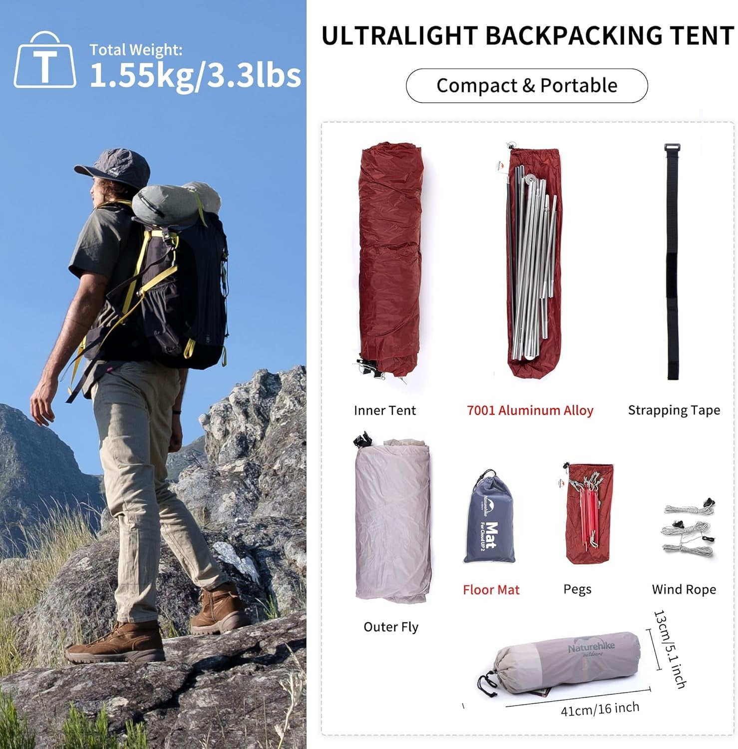 Ultralight 1 Person Backpacking Tent Waterproof Hiking