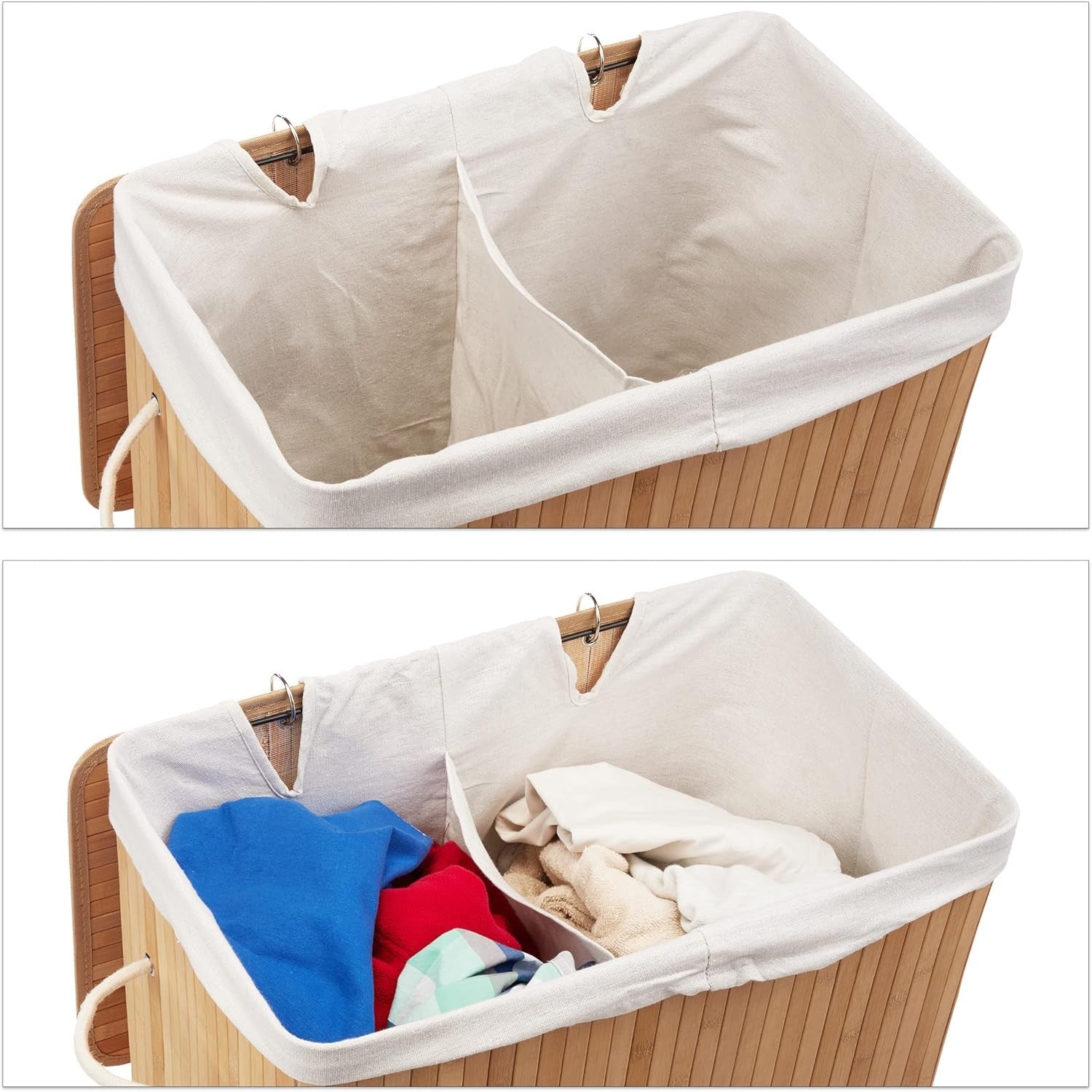 95L Bamboo Laundry Hamper 2 Compartment Basket with Lid & Handles Natural