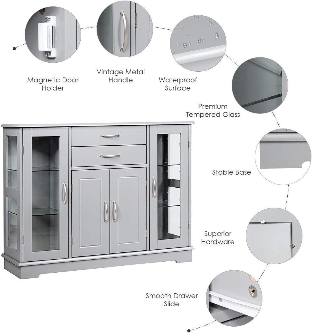 Grey Sideboard Buffet Cabinet Glass Doors Storage Unit with Drawers