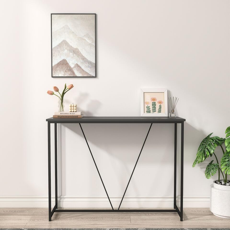 Slim Modern Console Table with Metal Frame & Display Shelf, 100cm