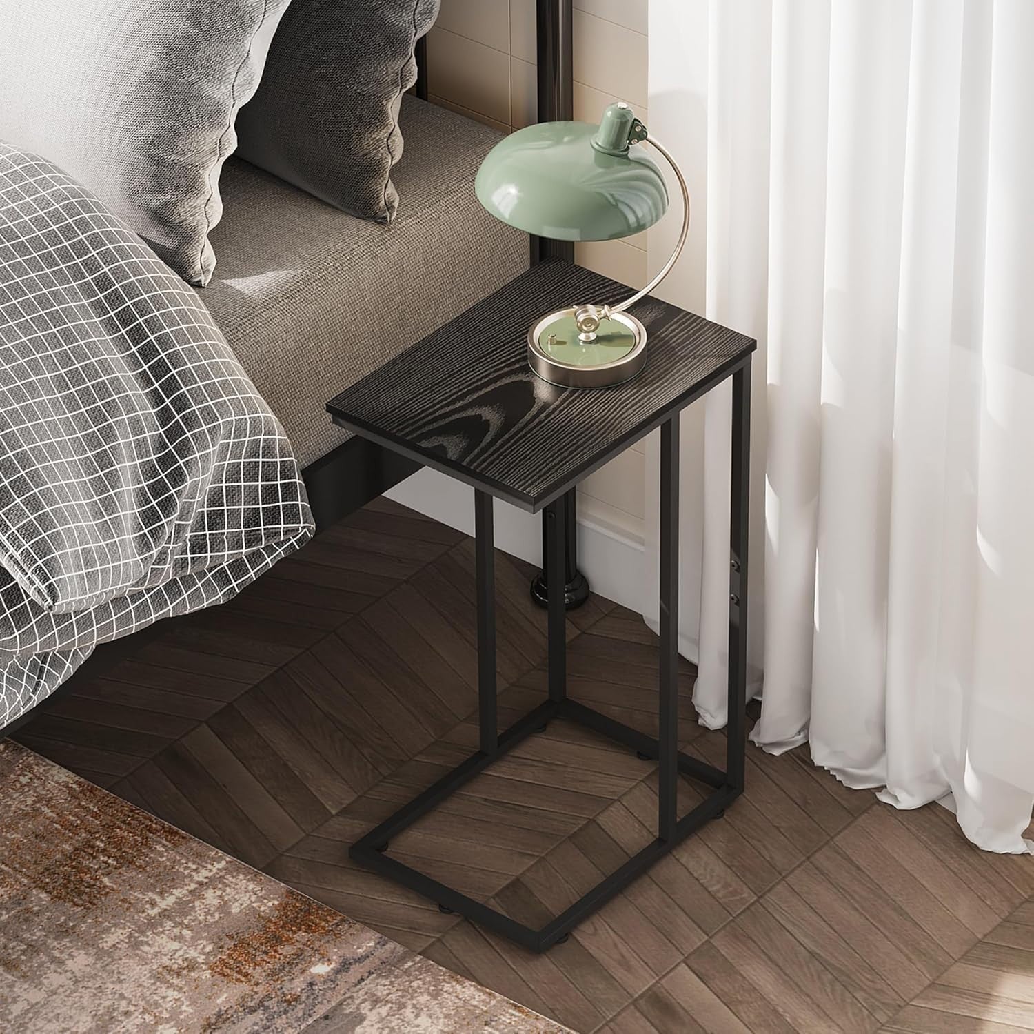 Space-Saving C-Shaped Side Table with 2 Tiers, Durable Steel Frame, Black
