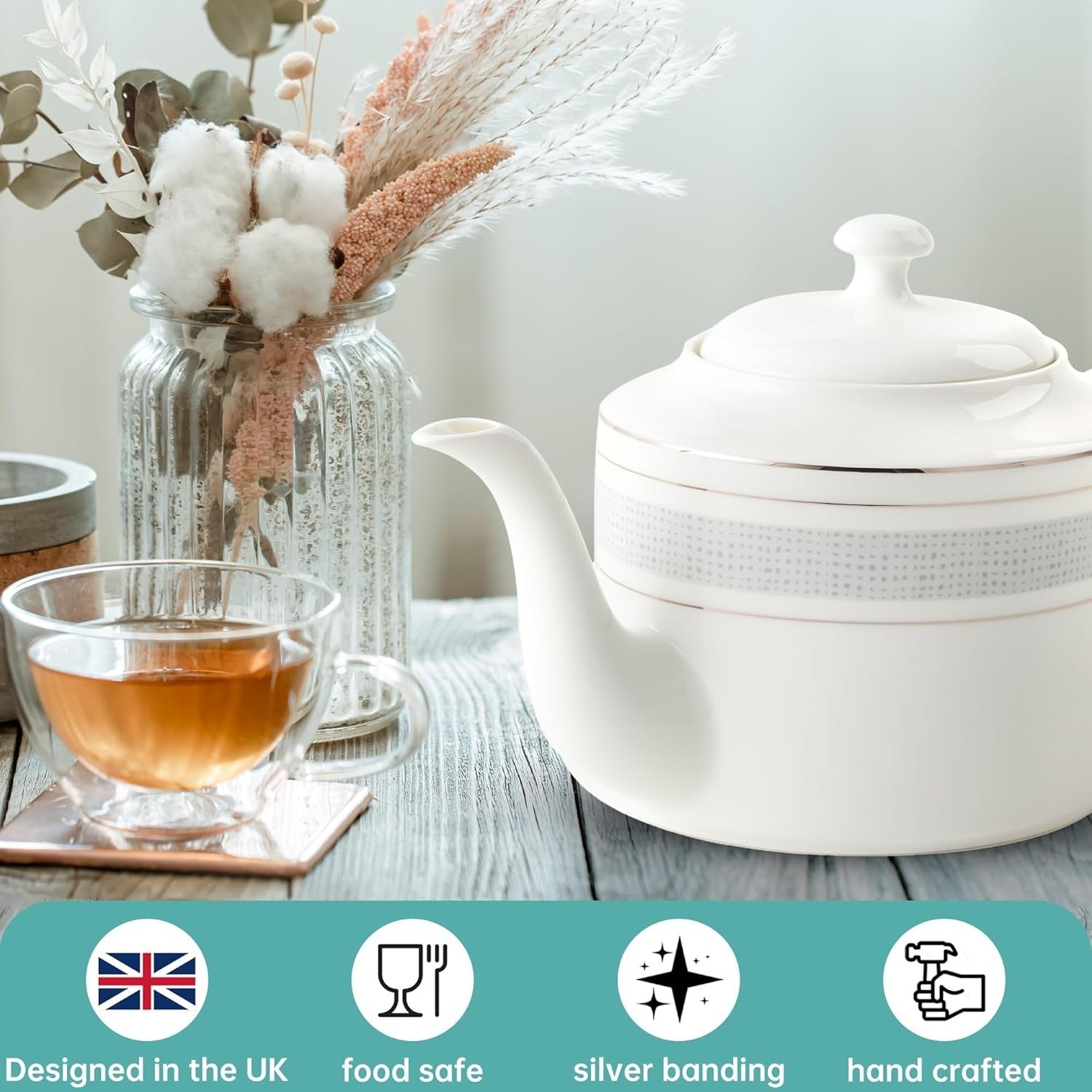 1.3L Fine China Teapot White Ceramic Tea Pot 4-6 Cups Silver Rim