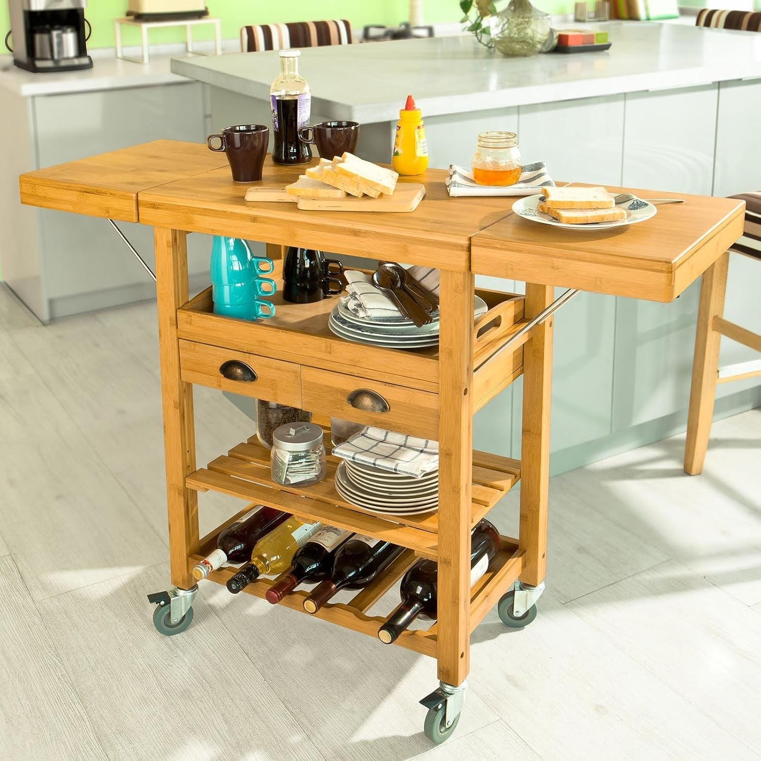 Extendable Bamboo Kitchen Trolley Cart on Wheels Folding Sides Storage Drawers