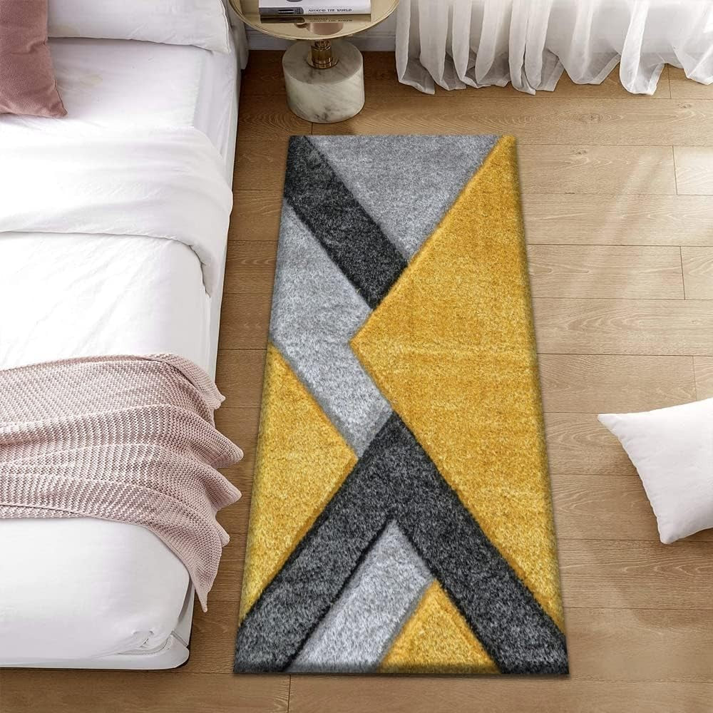Large Ochre Grey Geometric Shaggy Rug 160x230cm Soft Non Shed Area Carpet