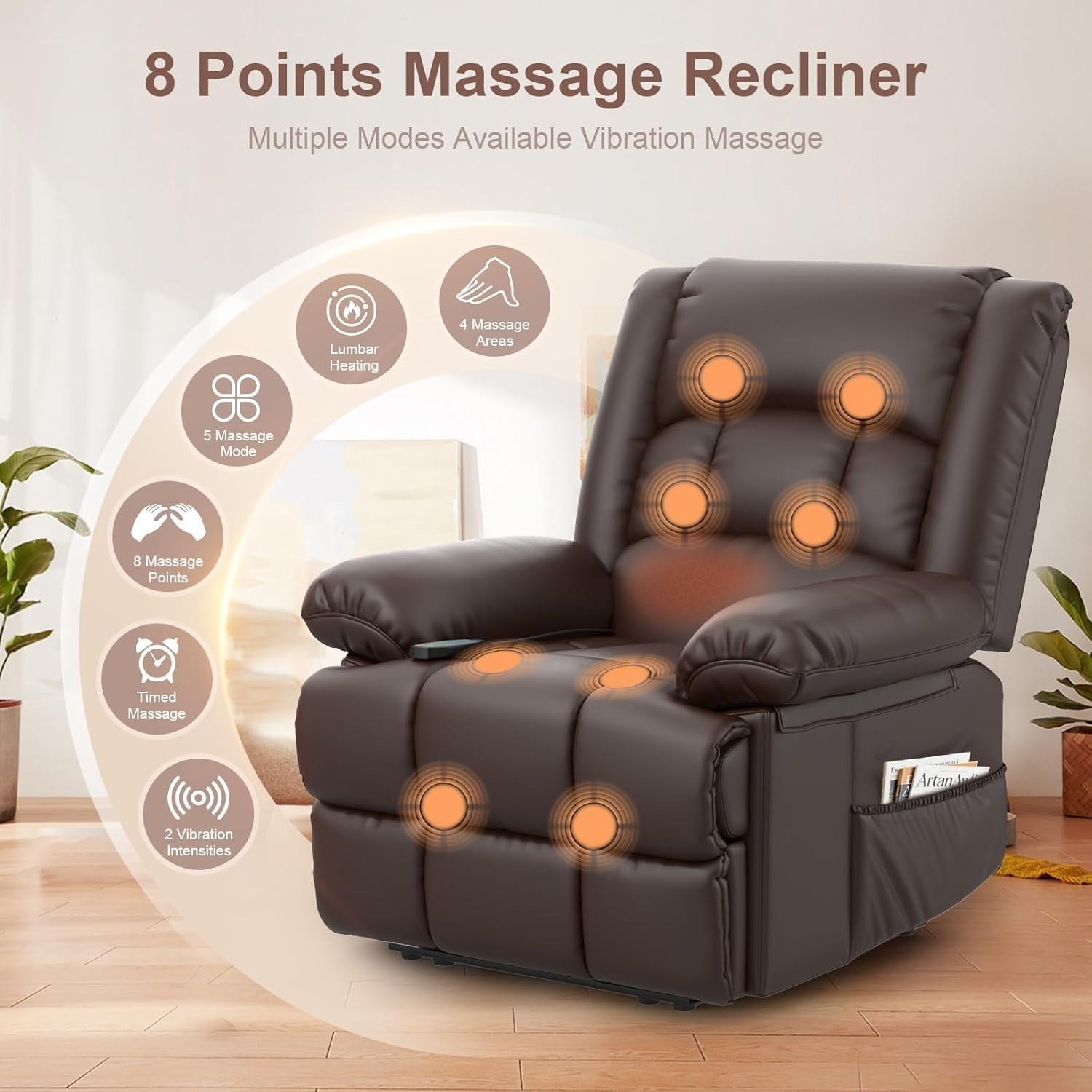 Manual Recliner Chair Massage Heat 135° Recline Footrest Dual Pockets Brown