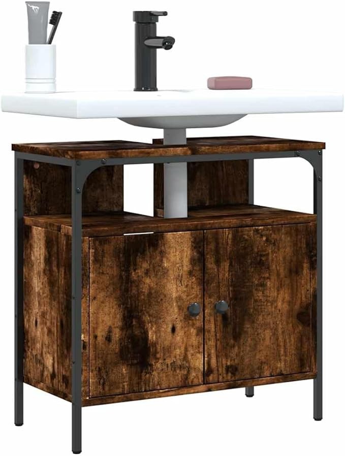 Smoked Oak Bathroom Sink Cabinet 60x30x60cm Rustic Under Sink Storage Unit