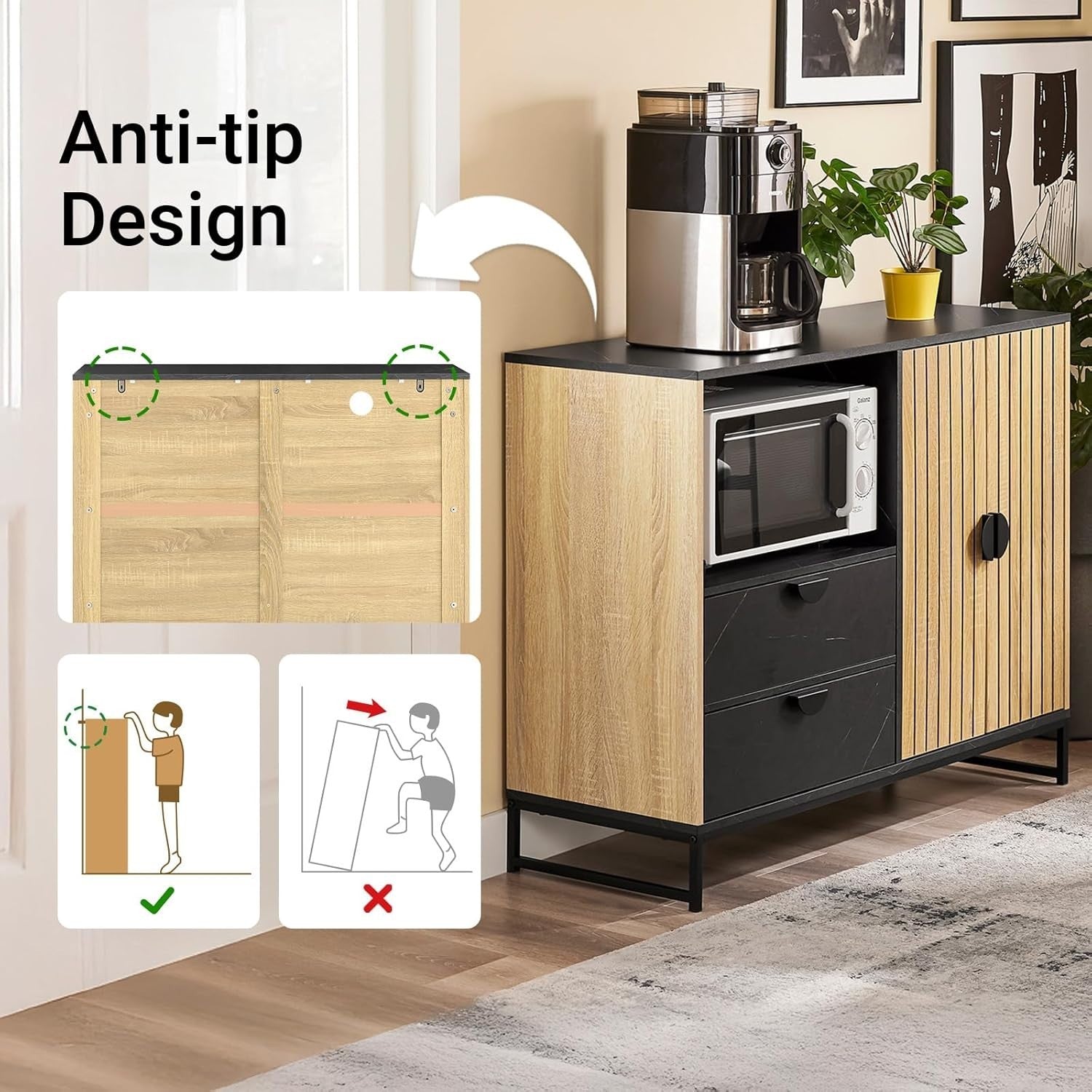 Modern Hallway Sideboard Cabinet | Wine Rack + Microwave Shelf | 107cm Wide