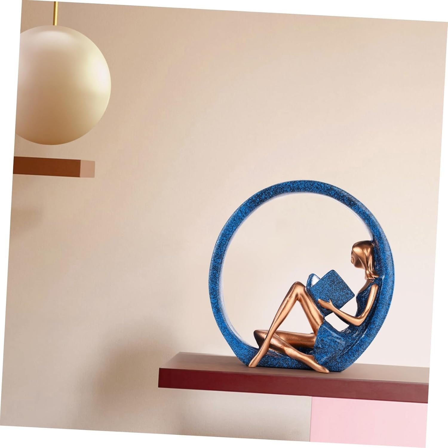 Modern Reading Girl Statue • Blue Resin Ring Sculpture • Elegant
