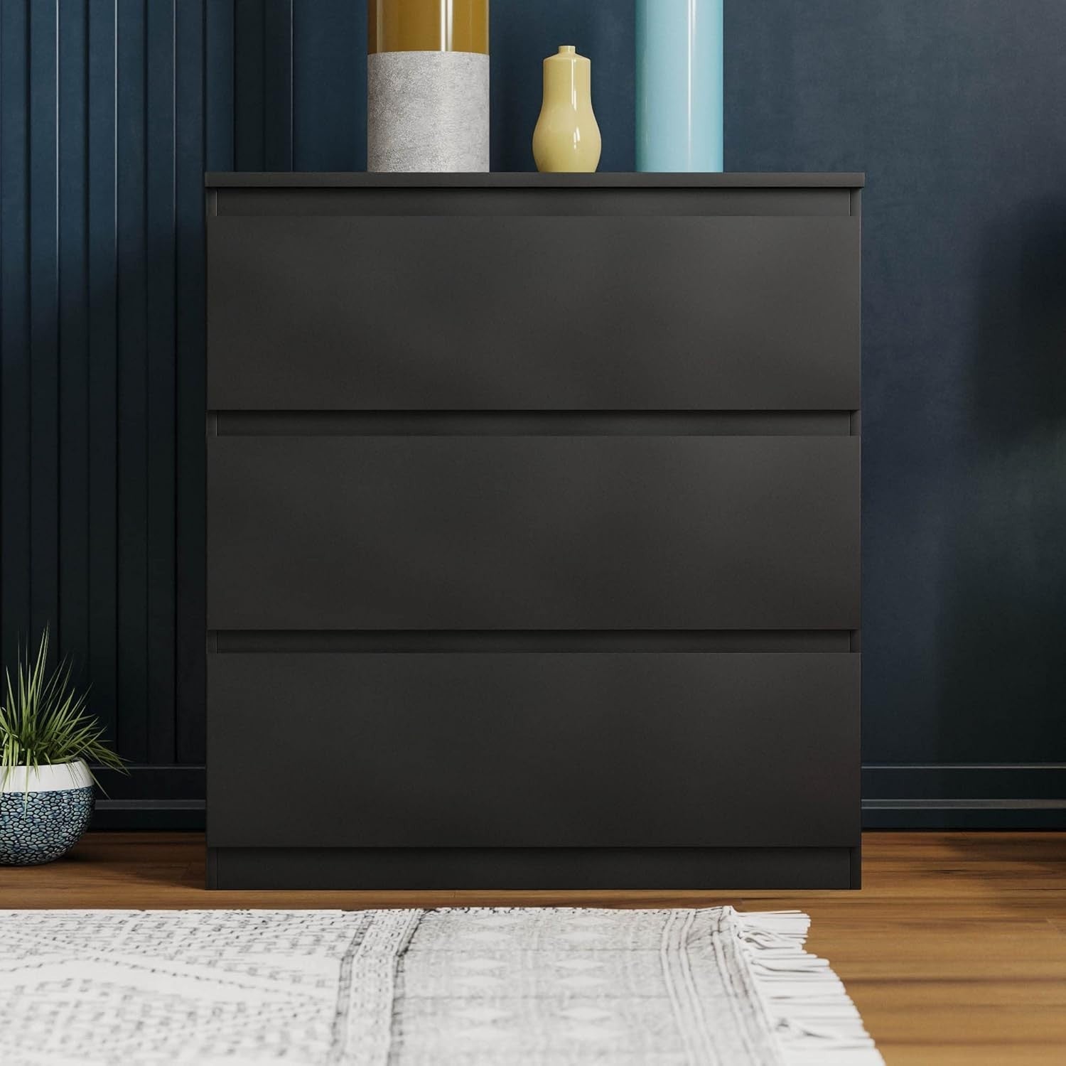 Black 3 Drawer Chest Modern Bedroom Storage Cabinet Unit Wood