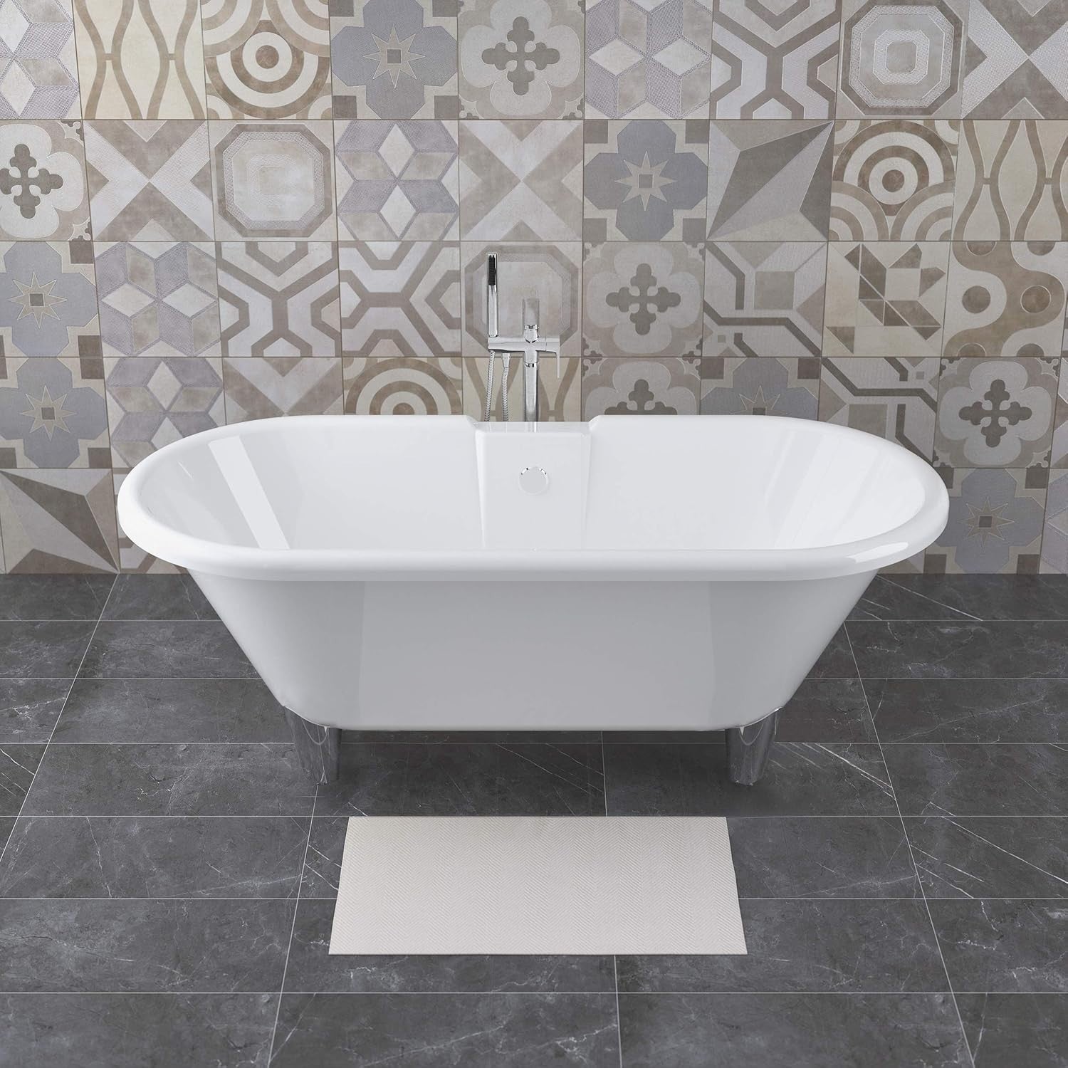 1750x800mm Traditional Freestanding Roll Top Bath White Acrylic Chrome Claw Feet