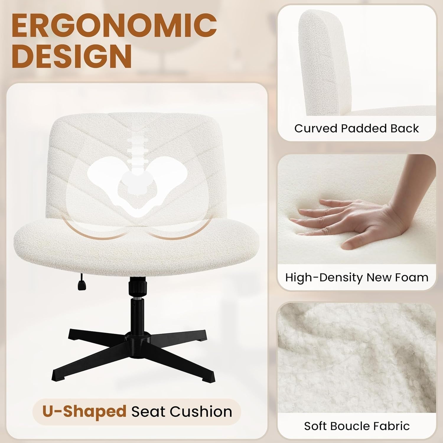 Boucle Office Desk Chair Adjustable Height Armless Swivel Ivory Home Study