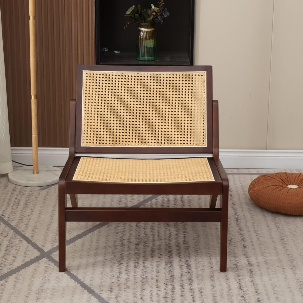 Walnut Rattan Accent Lounge Chair Wooden Frame Mid Century Armchair