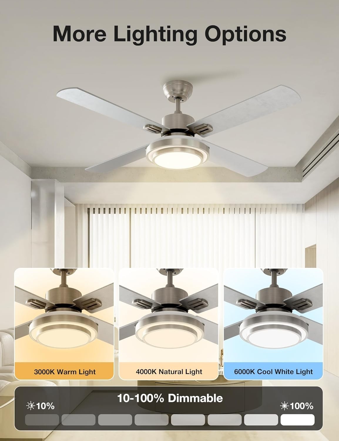 Warmiplanet 52" Ceiling Fan, LED Light Kit, Remote, 4 Blades, Nickel