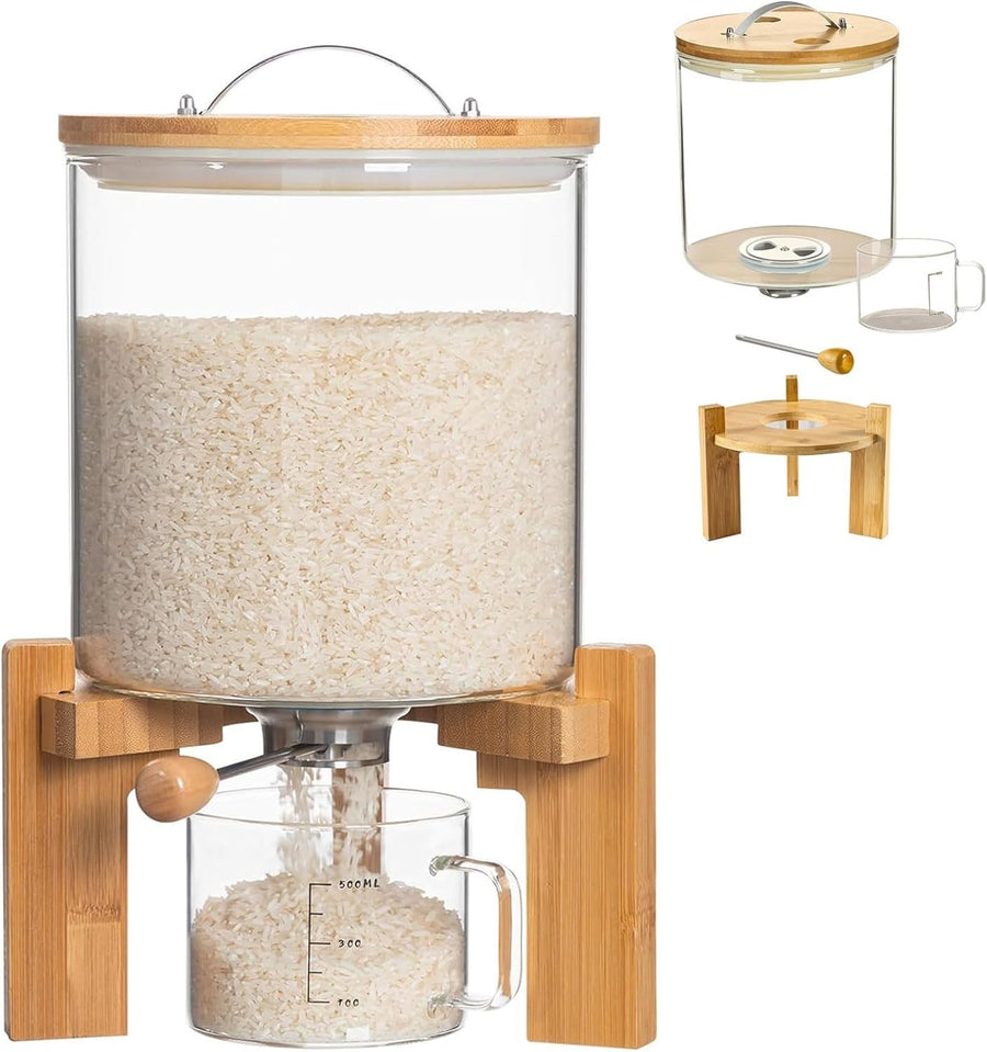 5L Glass Rice Dispenser Airtight Bamboo Stand w Cup