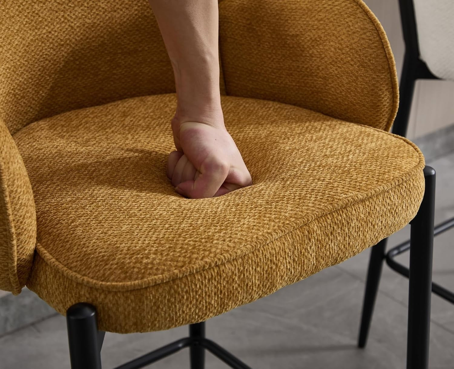 Modern Yellow Bar Stools Set of 2 | Chenille Seat, Metal Legs, Armrest