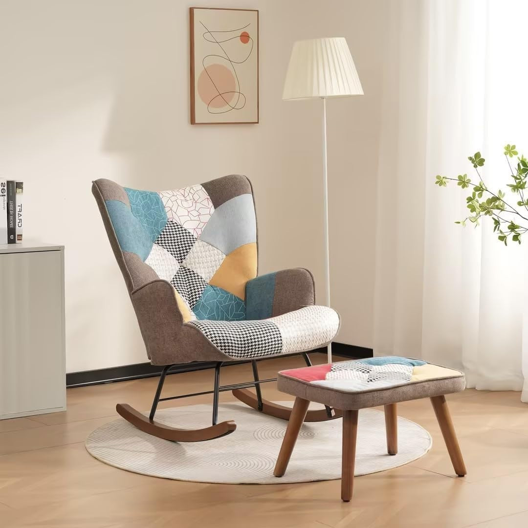 Modern Rocking Chair w/ Footstool, Patchwork, Foam Seat, Iron + Wood Base