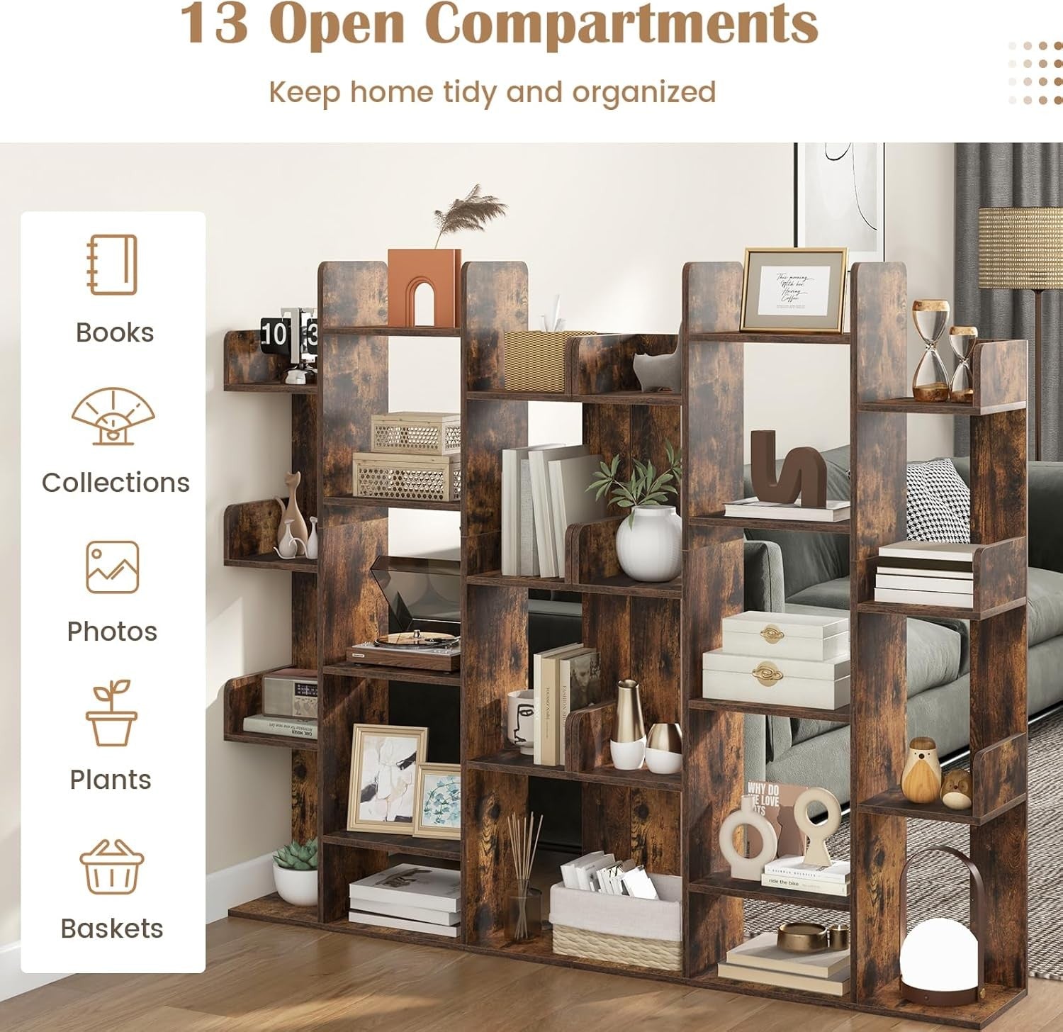 Tall Tree-Shaped Bookcase 13-Tier Wooden Shelf Unit Rustic Brown Storage Rack