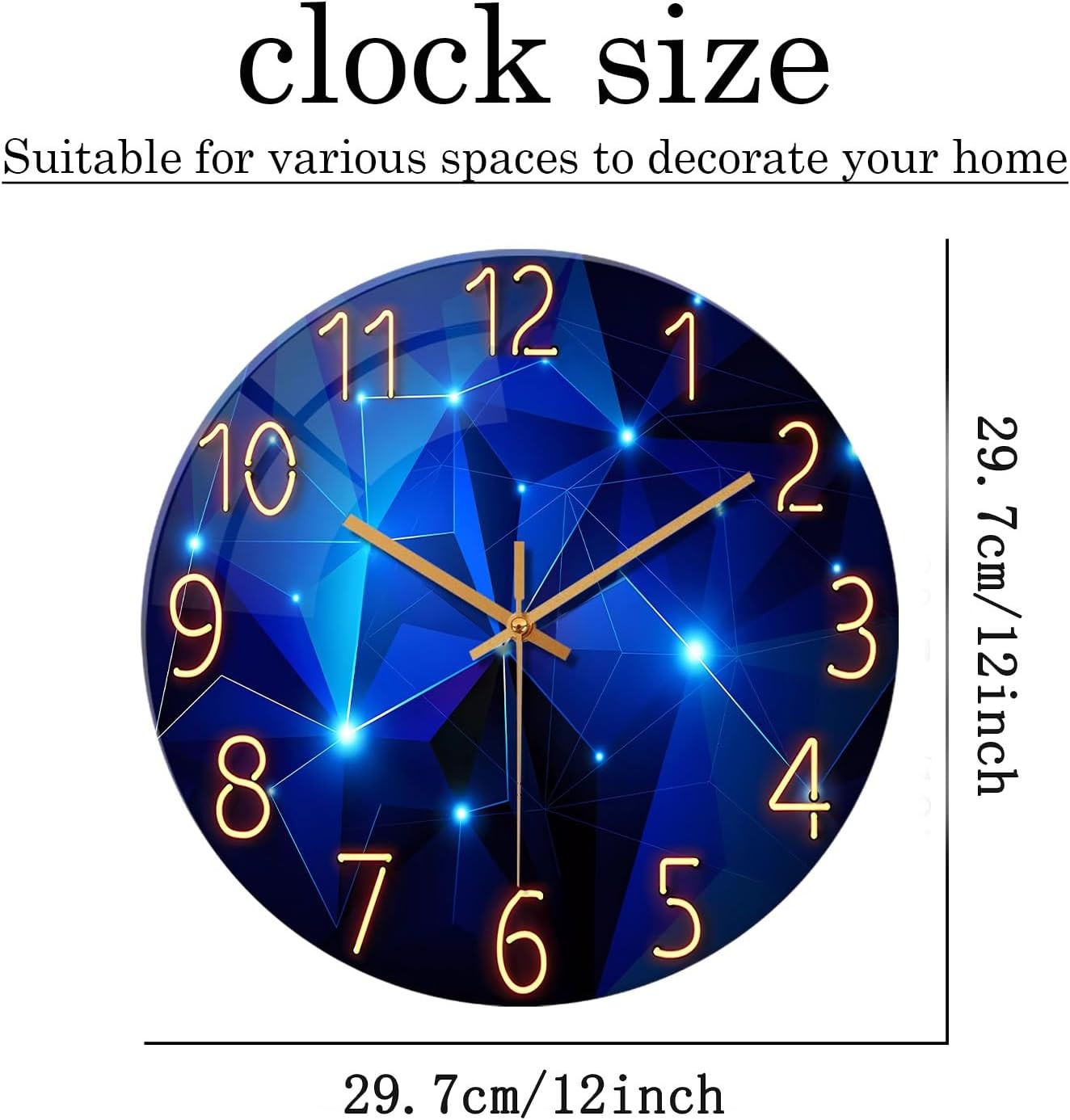 Modern 12 Inch Wall Clock Glass Silent Blue Design Home Living Room Decor