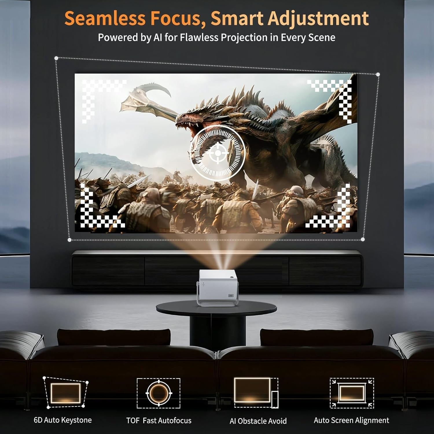 Smart 1080P Projector 800 ANSI 4K WiFi 6 Bluetooth Auto Focus 360° Stand
