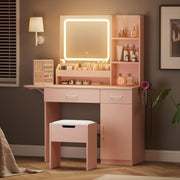 Pink Vanity Desk Makeup Table Set w/LED Light Mirror Drawers Stool Storage