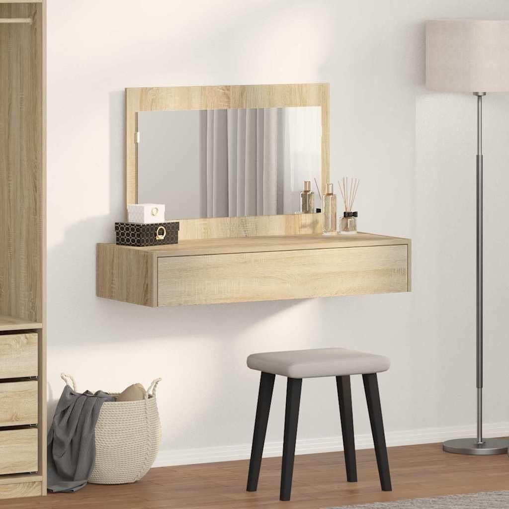 Modern Sonoma Oak Dressing Table Vanity Desk Mirror Drawer Makeup Storage