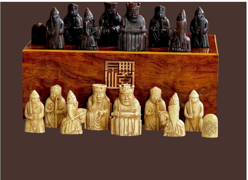 Luxury Isle of Lewis Ivory & Teak Chess Pieces in Burlwood Display Box