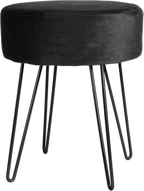 Black Velvet Round Footstool with Black Legs – Modern Compact Pouffe Seat