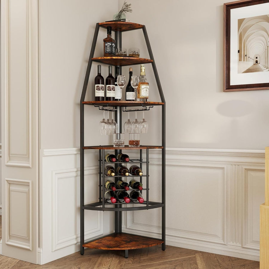 5-Tier Corner Wine Rack with Glass Holders & Bottle Storage, Space-Saving Bar