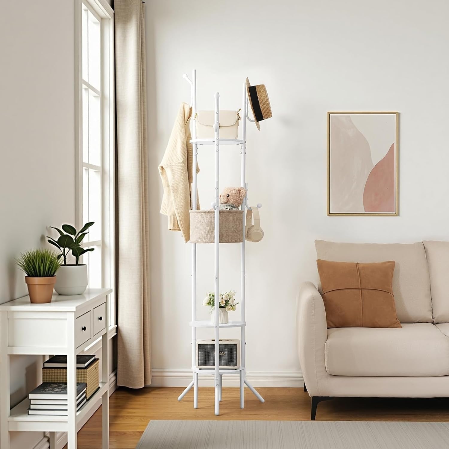 White Coat Rack with Shelves | Freestanding Hall Tree Organizer Stand 184cm Tall