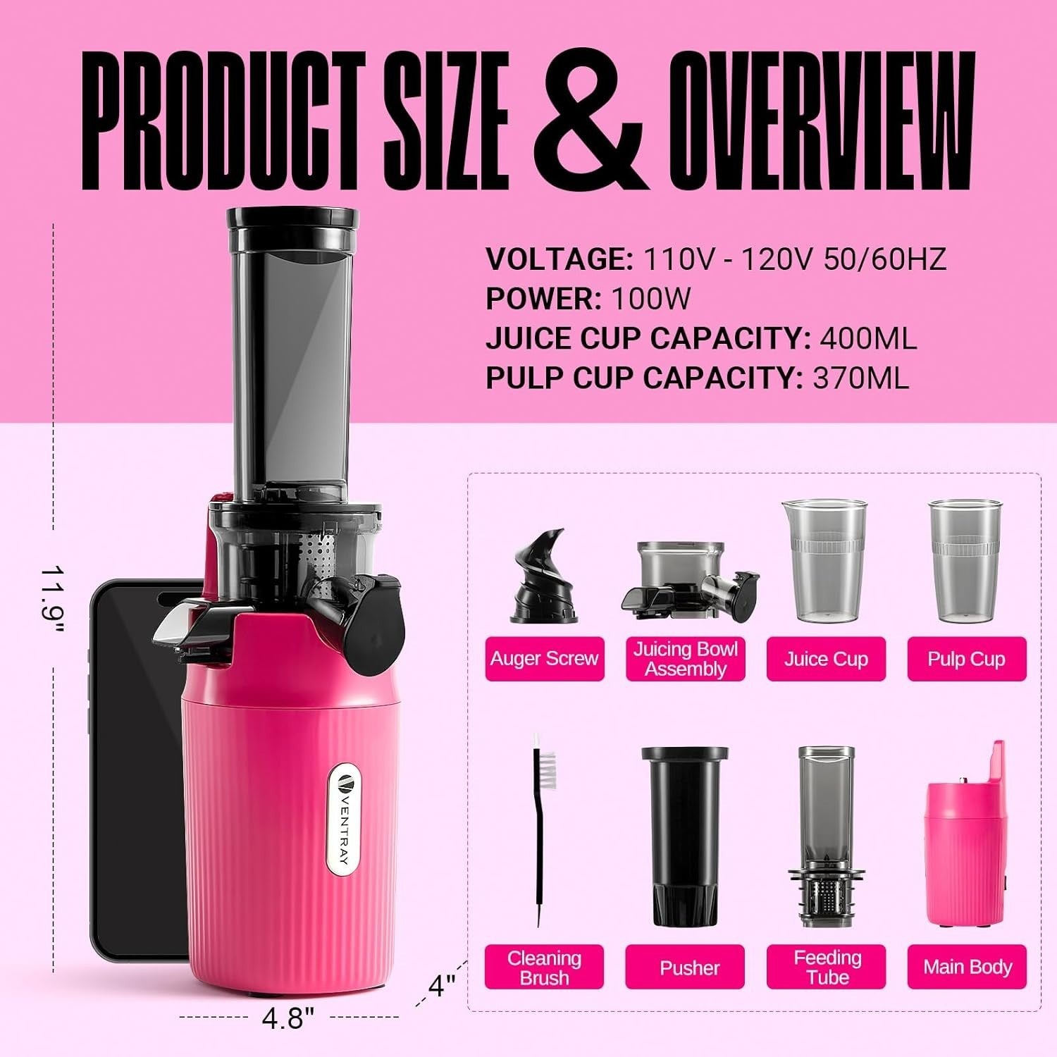Mini Cold Press Juicer Slow Masticating 60RPM Compact Portable