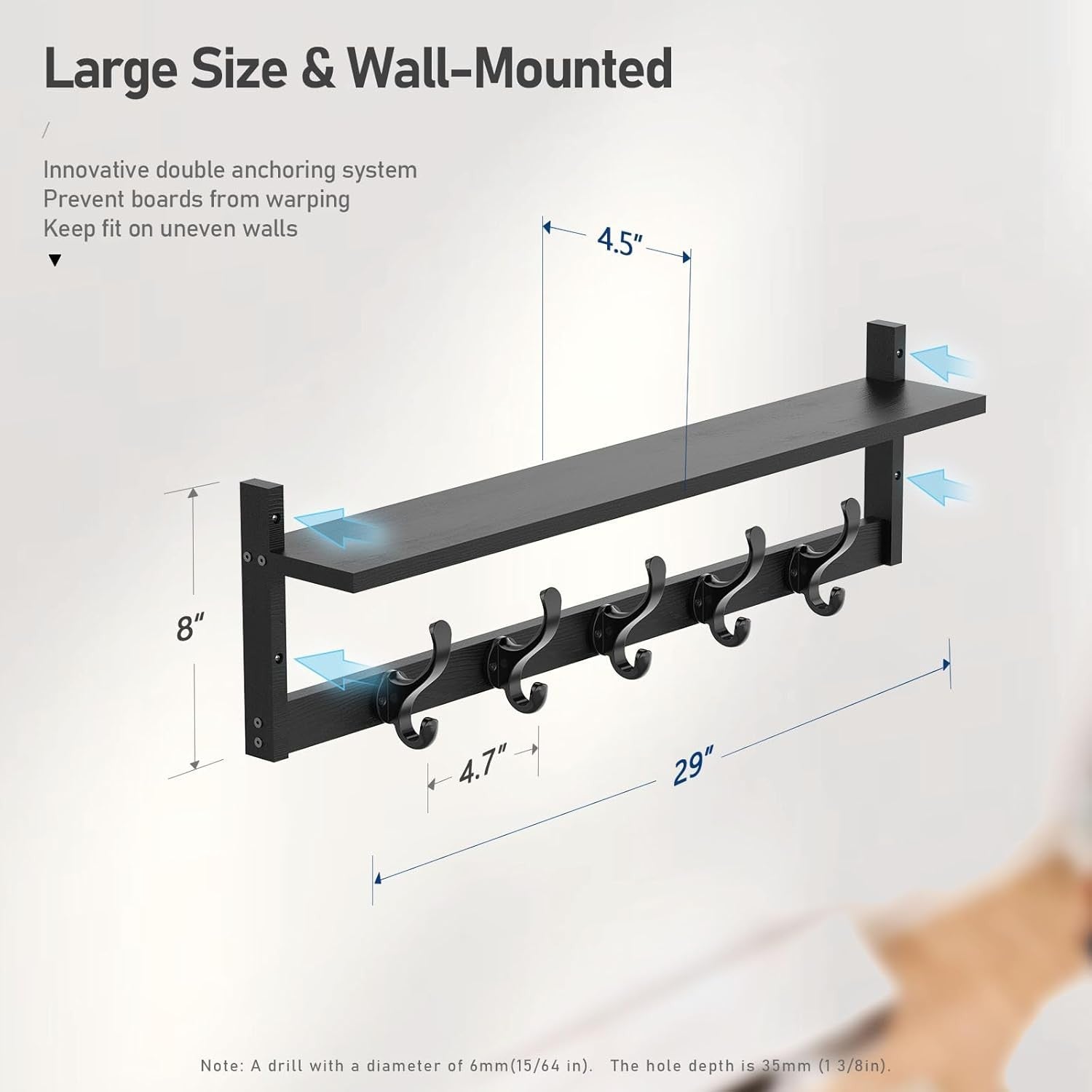 29” Black Wall Mounted Coat Rack with Shelf | 5 Hooks Rustic Entryway
