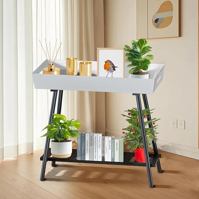 Metal Plant Stand with Tray Indoor Outdoor Waterproof Planter Shelf White
