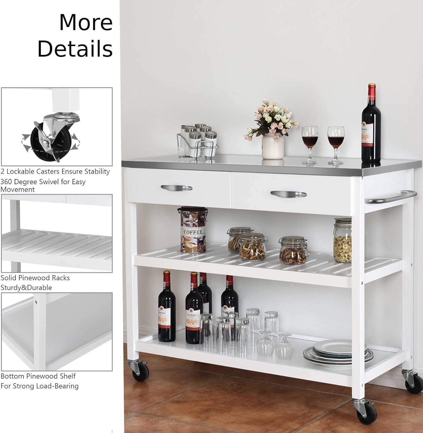 Mobile Kitchen Storage Trolley with Stainless Steel Top,Drawers & Lockable Wheel