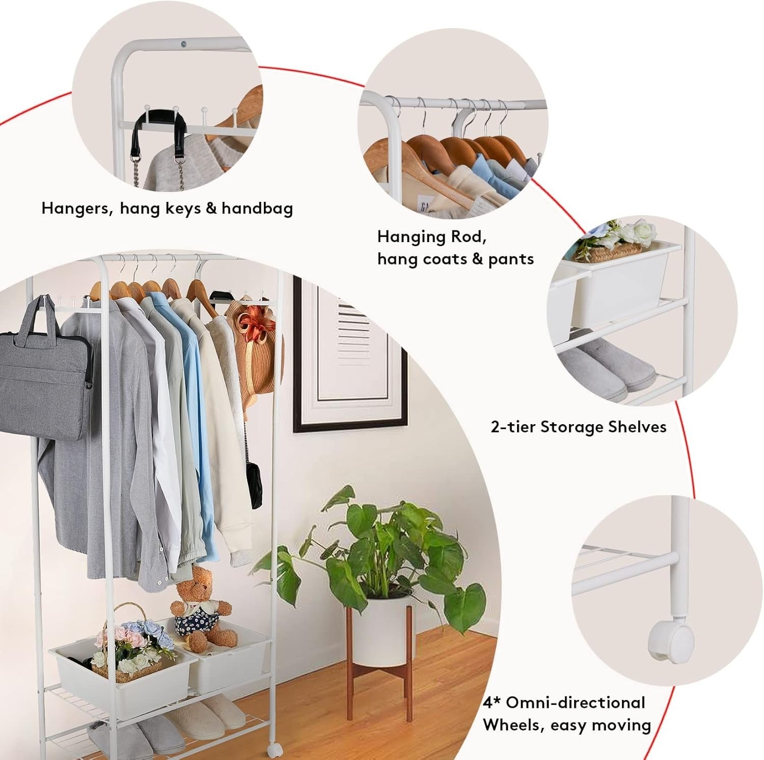 White Metal Clothes Rack with Shelves & Wheels 70x36x152cm