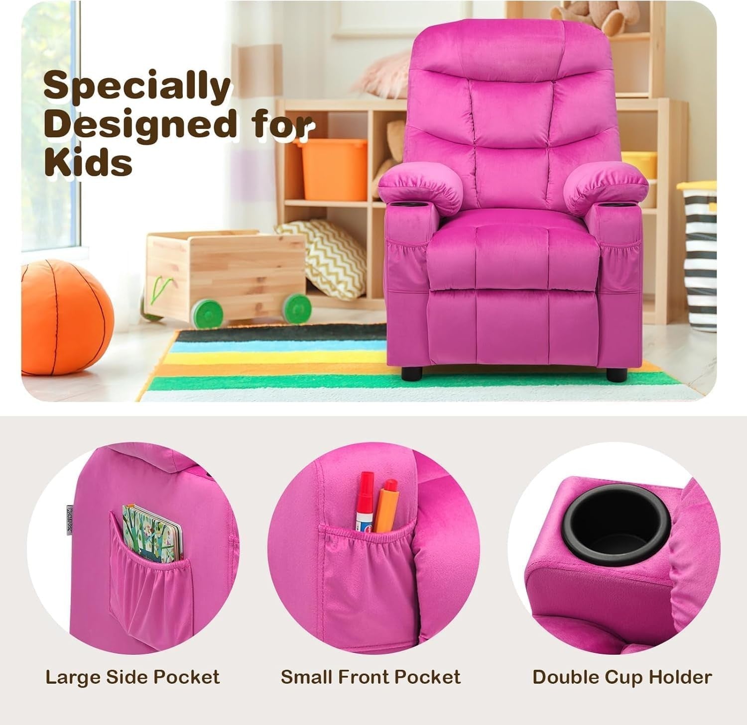 Pink  Adjustable Kids Recliner Chair with Footrest, Cup Holders & Side Pockets