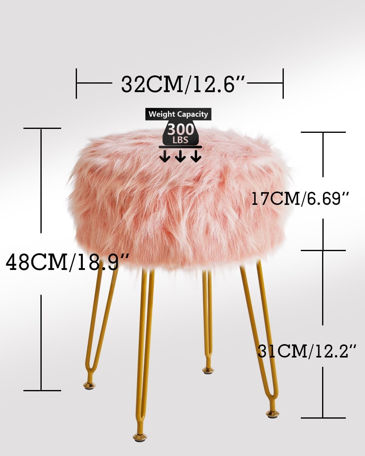 Pink Furry Round Vanity Stool with Storage – Soft Faux Fur Ottoman Seat