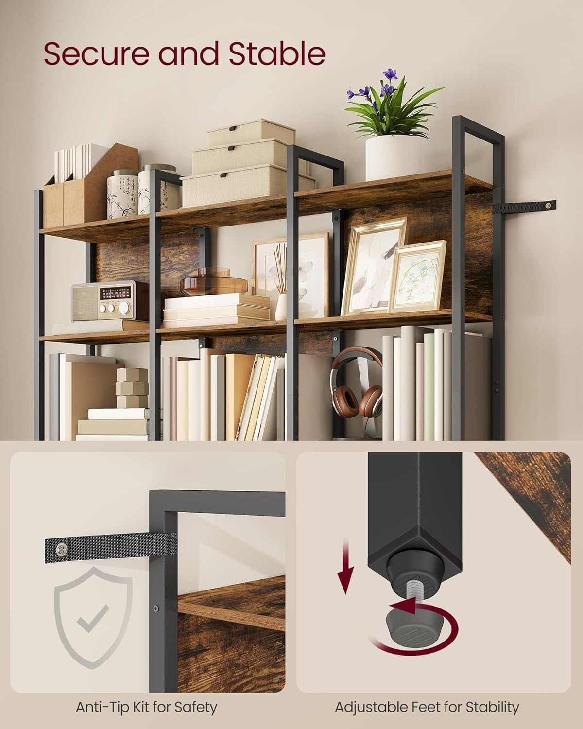 6 Tier Industrial Bookcase Rustic Brown Shelf Tall Storage Unit 128x24x187cm