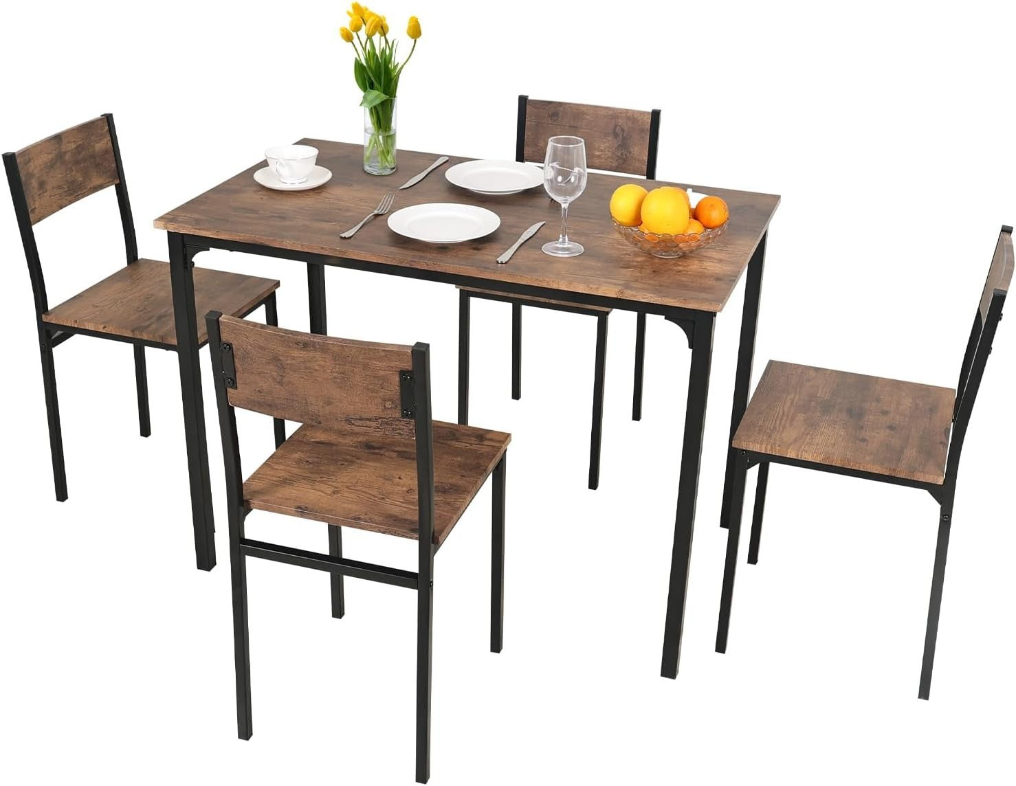 Rustic Brown Dining Table & 4 Chairs Set - Compact, Durable & Space Saving