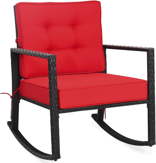 Outdoor Red Rattan Rocking Chair with Cushions & Armrests Patio Glider