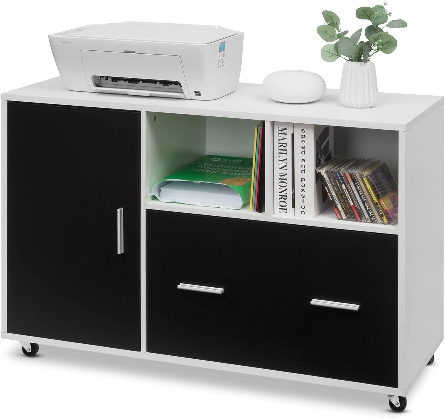 Black White Mobile File Cabinet 100cm Printer Stand Rolling Storage
